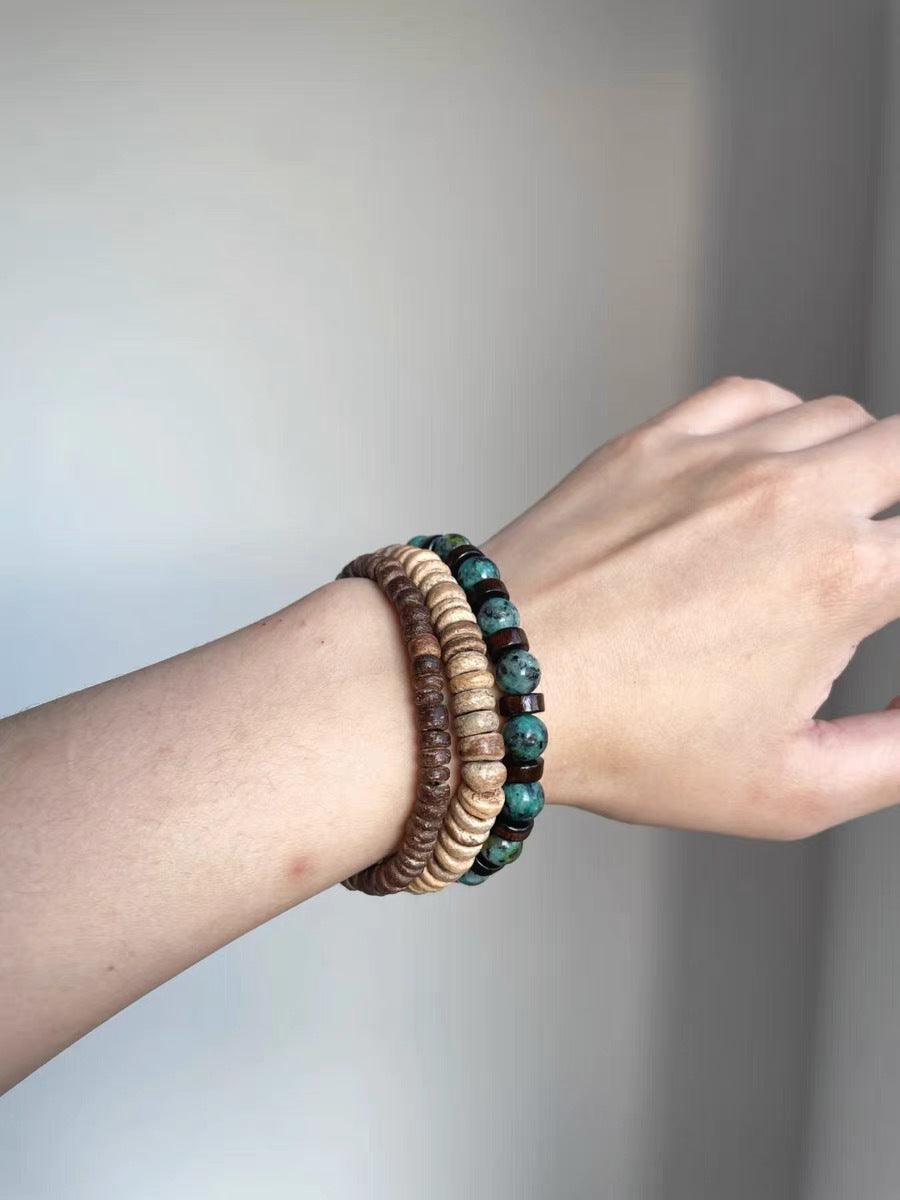 Ethnic Style Circle Beading Bracelet With Wooden Beads And Turquoise Inlay For Unisex