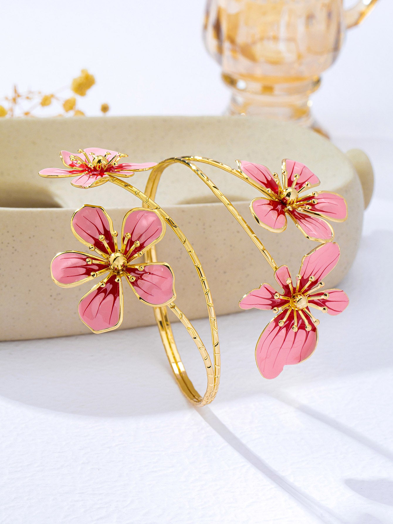 Elegant Flowers Enamel Arm Bracelet For Women In KC Golden Plated Alloy With 0.03µm Coating Thickness