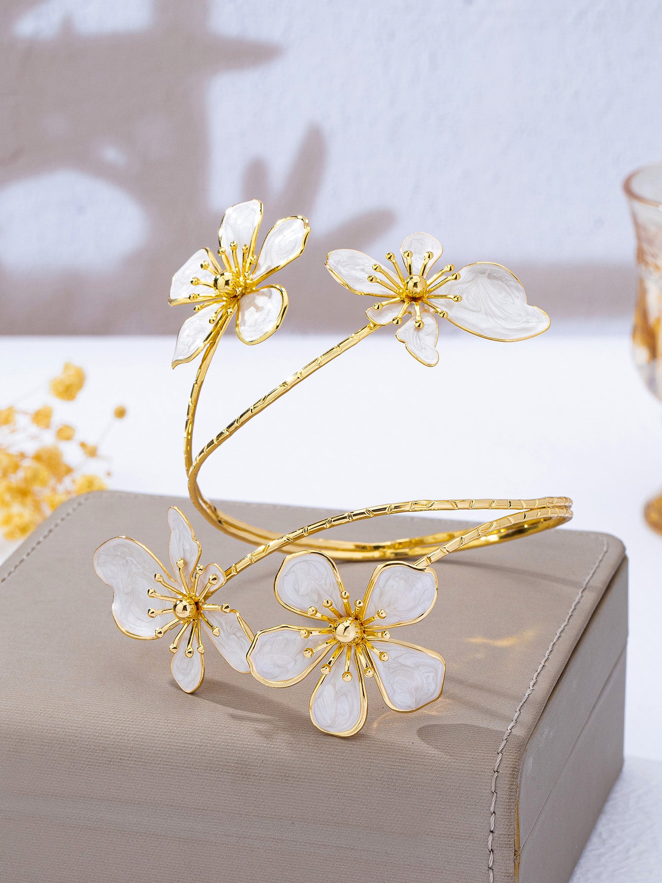 Elegant Flowers Enamel Arm Bracelet For Women In KC Golden Plated Alloy With 0.03µm Coating Thickness