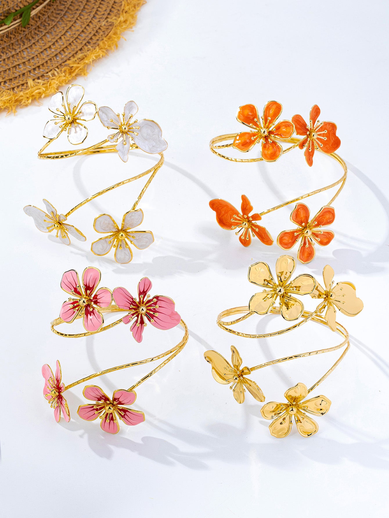 Elegant Flowers Enamel Arm Bracelet For Women In KC Golden Plated Alloy With 0.03µm Coating Thickness