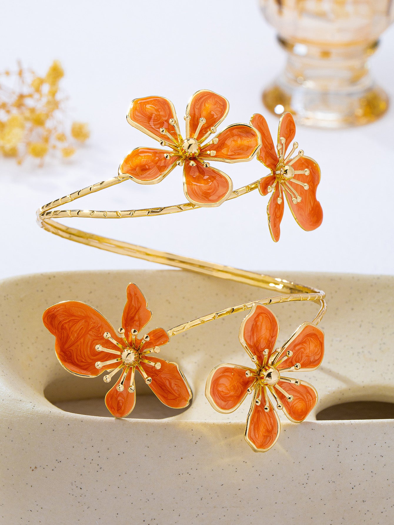 Elegant Flowers Enamel Arm Bracelet For Women In KC Golden Plated Alloy With 0.03µm Coating Thickness
