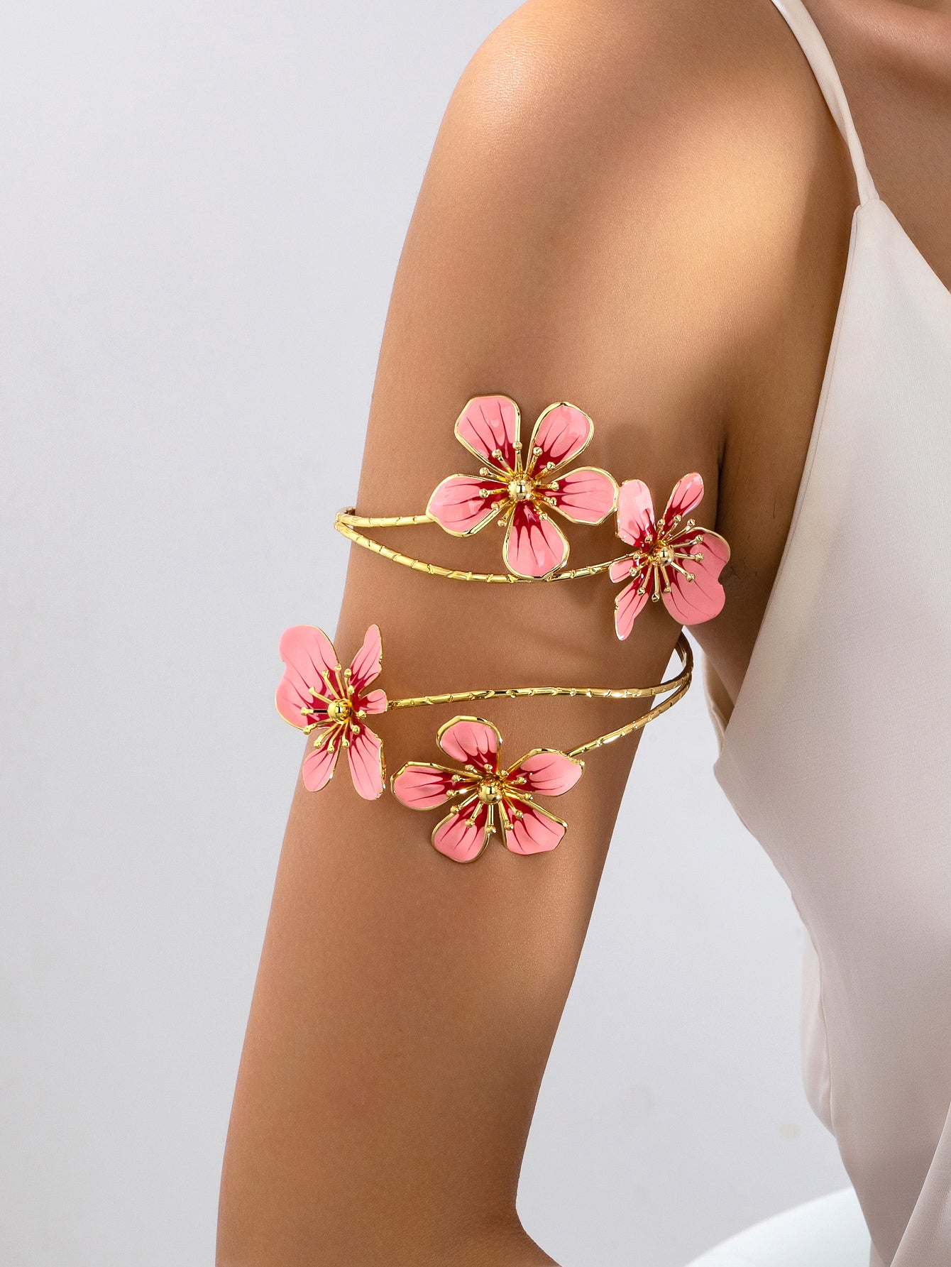 Elegant Flowers Enamel Arm Bracelet For Women In KC Golden Plated Alloy With 0.03µm Coating Thickness