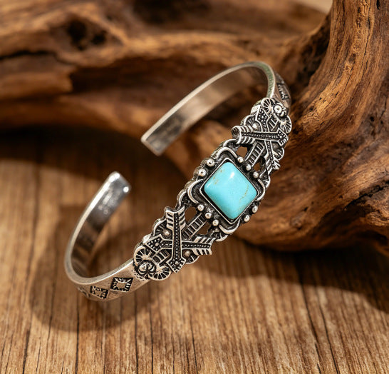 Bohemian Silver Alloy Bangle For Women Featuring Carved Flowers And Turquoise Inlay