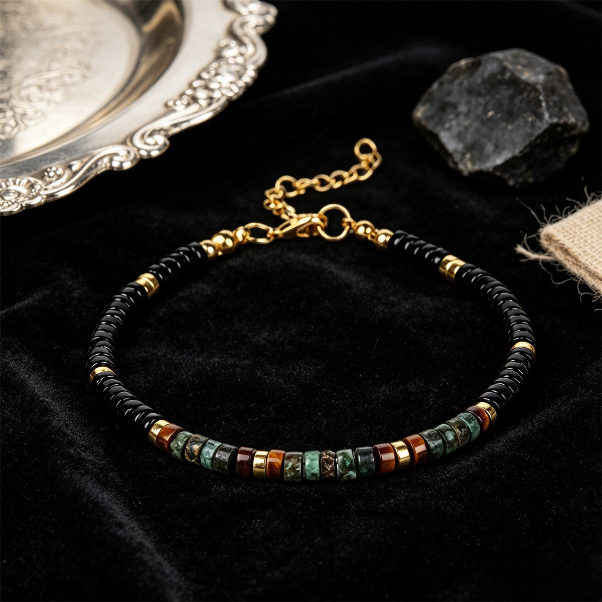 Handmade Unisex Natural Stone Bracelet In Dyed Black Featuring Turquoise Inlay