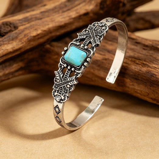 Bohemian Silver Alloy Bangle For Women Featuring Carved Flowers And Turquoise Inlay
