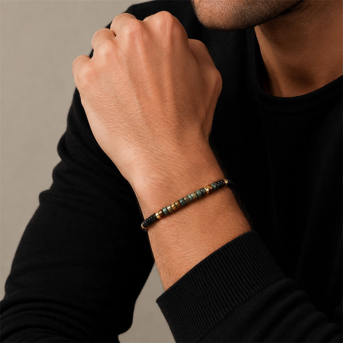 Handmade Unisex Natural Stone Bracelet In Dyed Black Featuring Turquoise Inlay