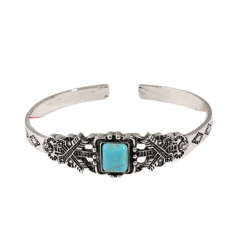 Bohemian Silver Alloy Bangle For Women Featuring Carved Flowers And Turquoise Inlay