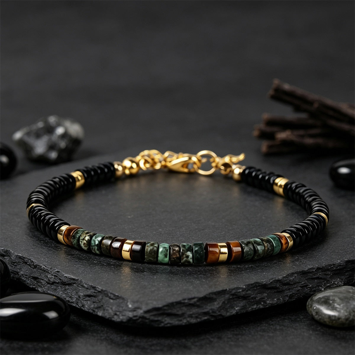 Handmade Unisex Natural Stone Bracelet In Dyed Black Featuring Turquoise Inlay