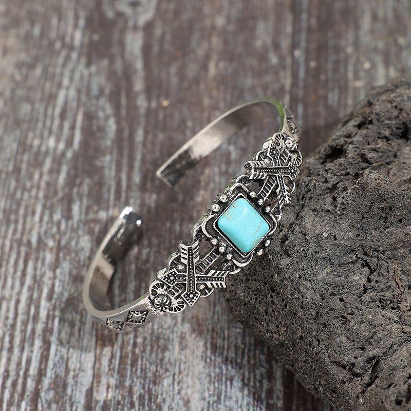 Bohemian Silver Alloy Bangle For Women Featuring Carved Flowers And Turquoise Inlay