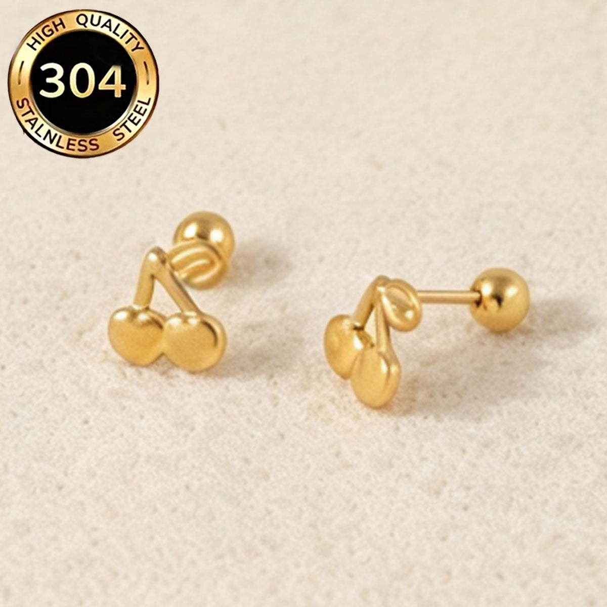 Cherry Pattern Hypoallergenic Stud Earrings For Women With 0.03µm PVD Coated 18K Real Gold Plated 304 Stainless Steel