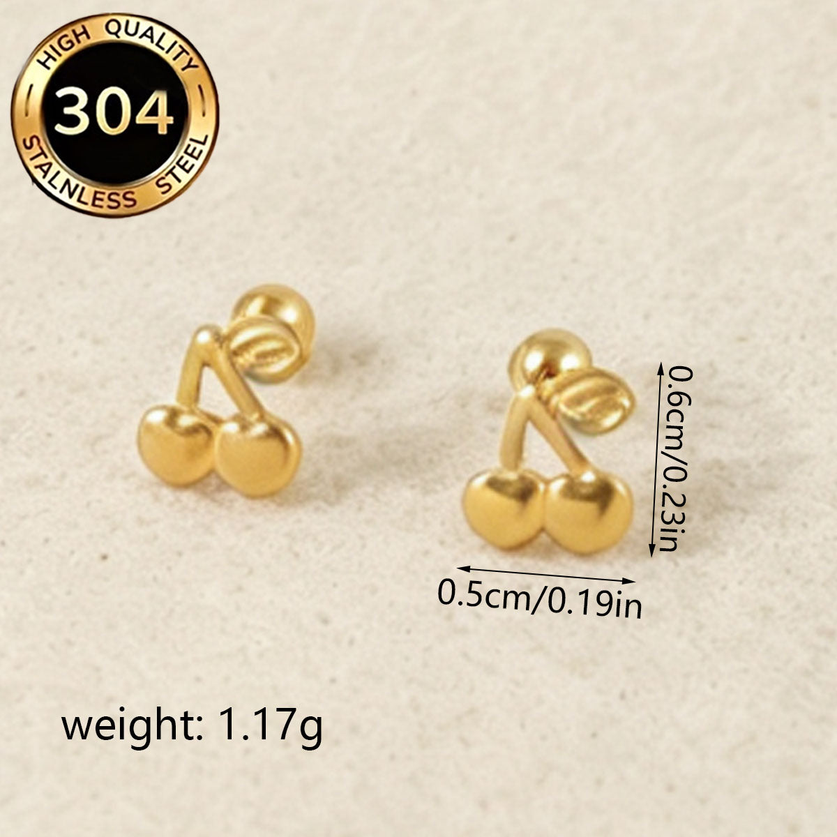 Cherry Pattern Hypoallergenic Stud Earrings For Women With 0.03µm PVD Coated 18K Real Gold Plated 304 Stainless Steel