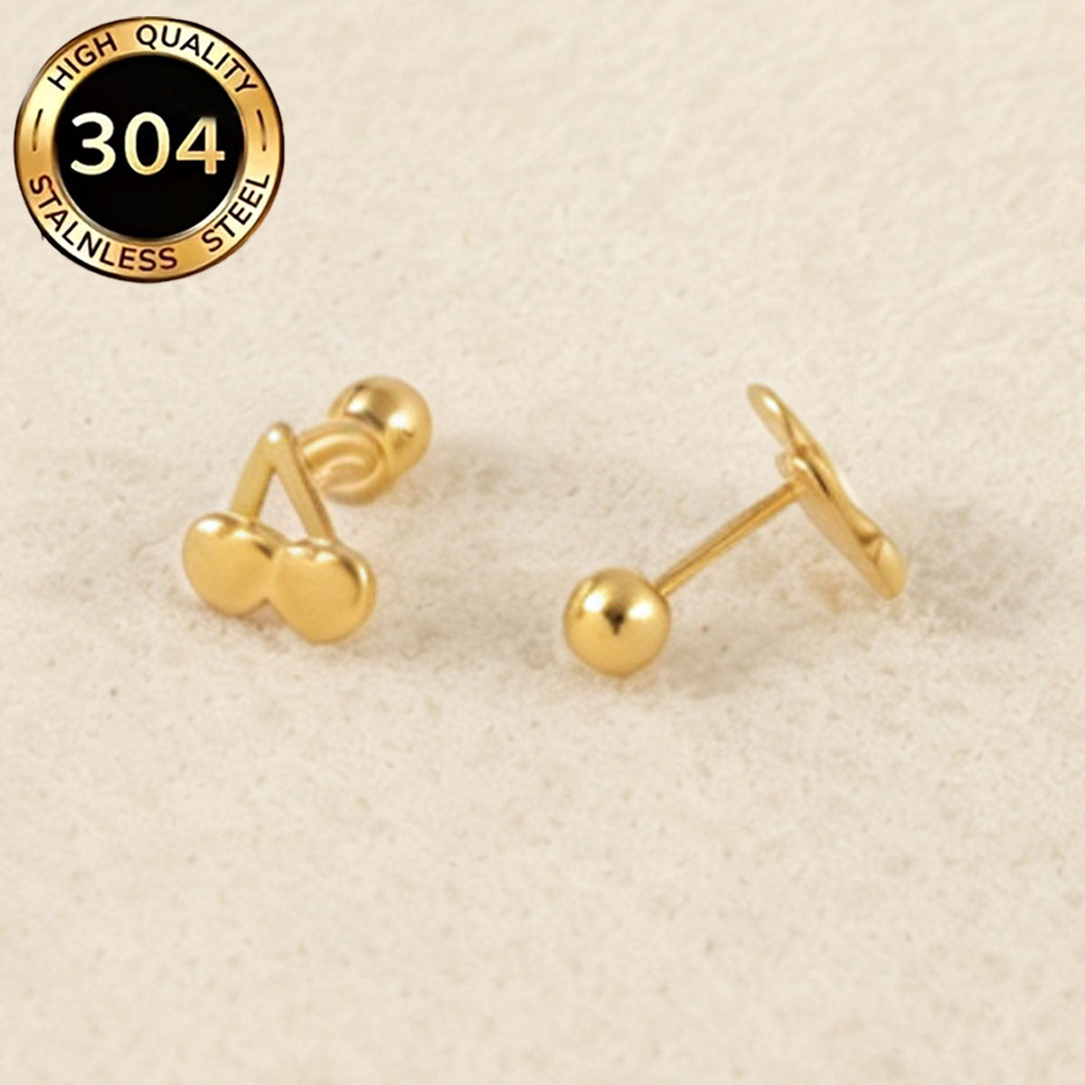 Cherry Pattern Hypoallergenic Stud Earrings For Women With 0.03µm PVD Coated 18K Real Gold Plated 304 Stainless Steel