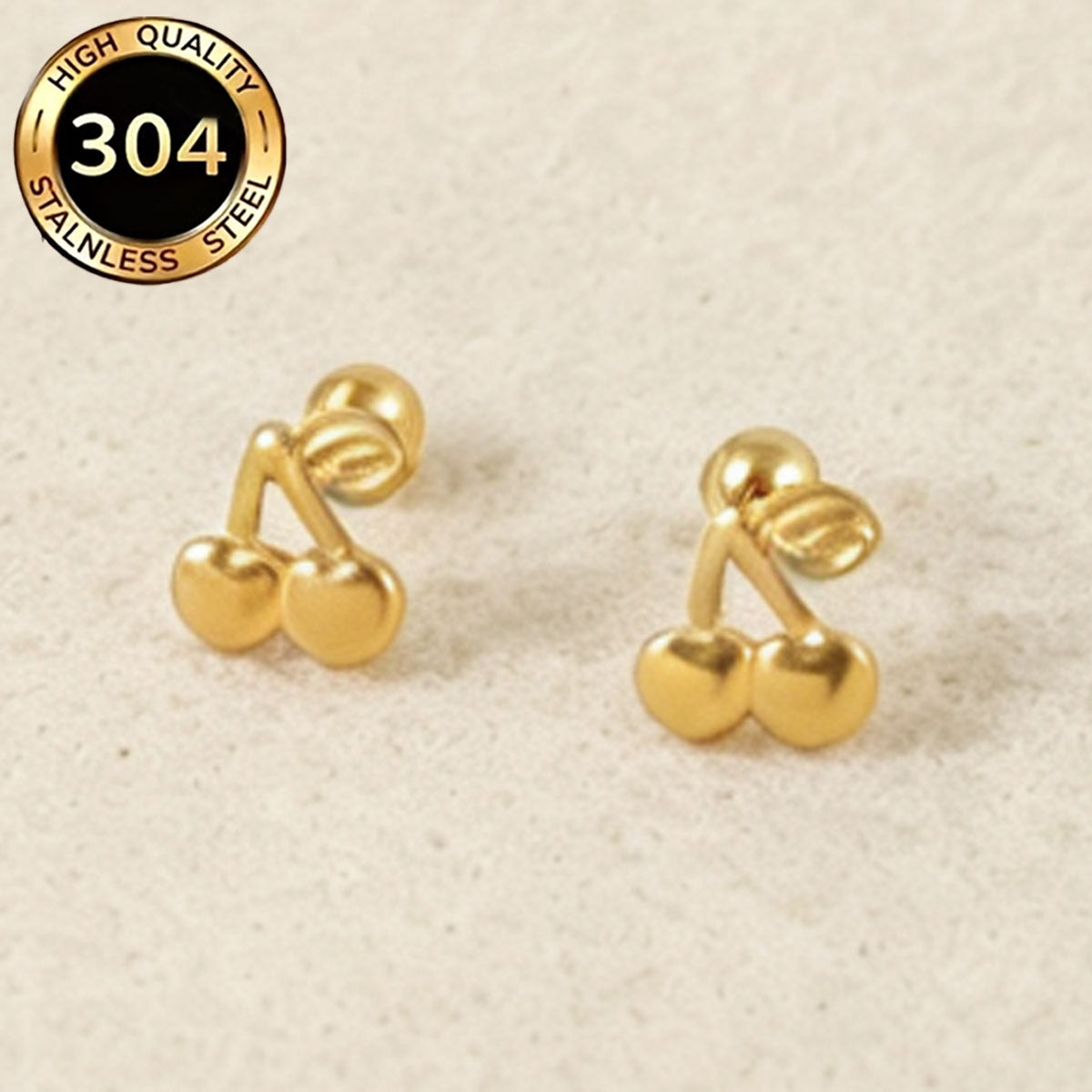 Cherry Pattern Hypoallergenic Stud Earrings For Women With 0.03µm PVD Coated 18K Real Gold Plated 304 Stainless Steel