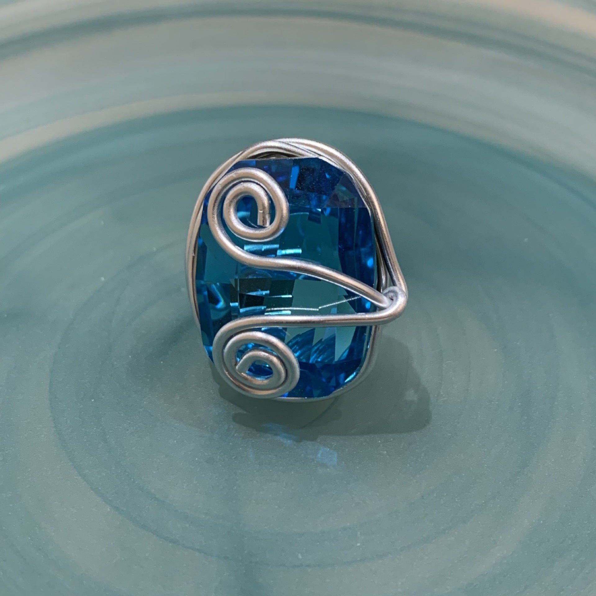 Ocean For Open Rings In Marine Style, Handmade Copper Alloy Ring With Blue Crystal Inlay