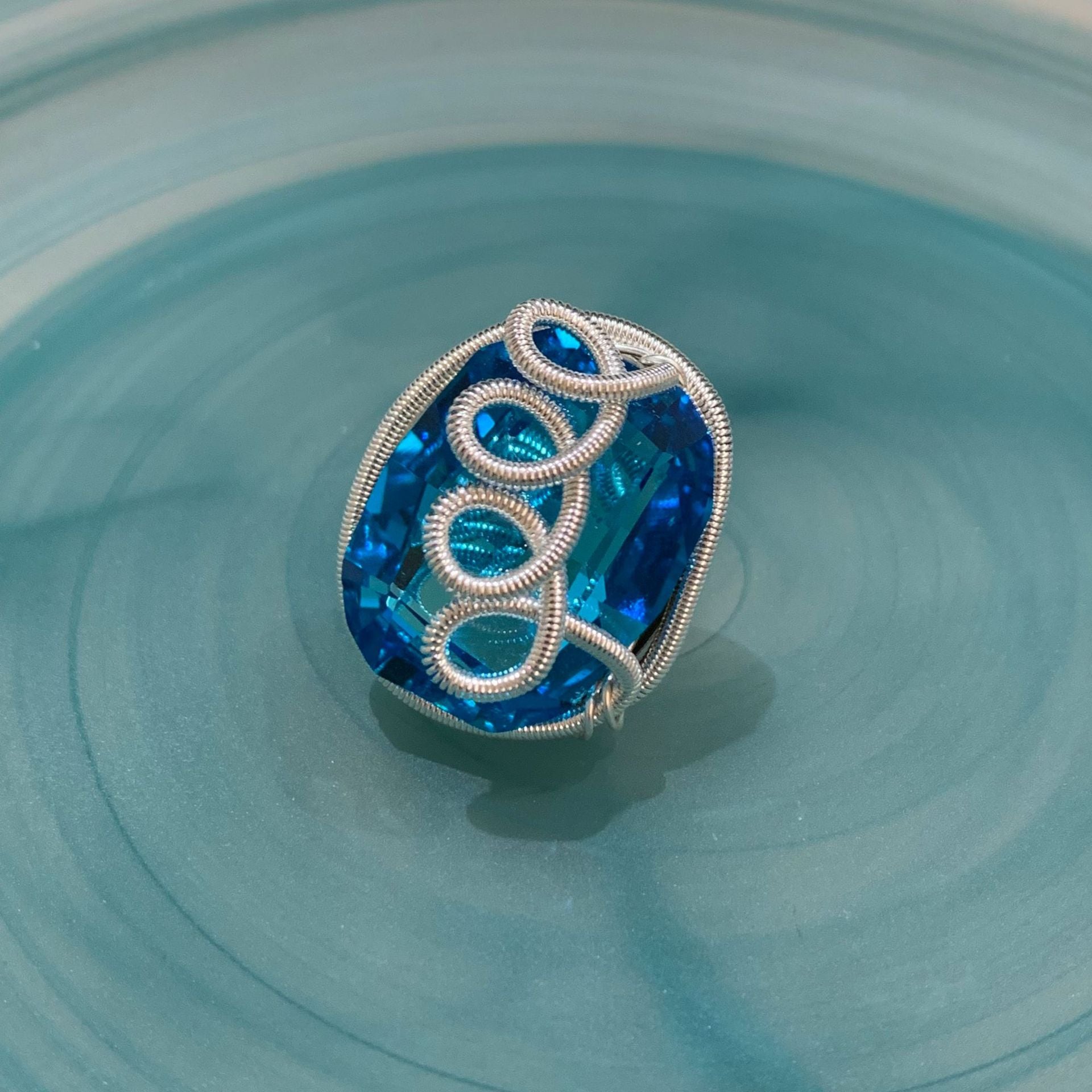 Ocean For Open Rings In Marine Style, Handmade Copper Alloy Ring With Blue Crystal Inlay