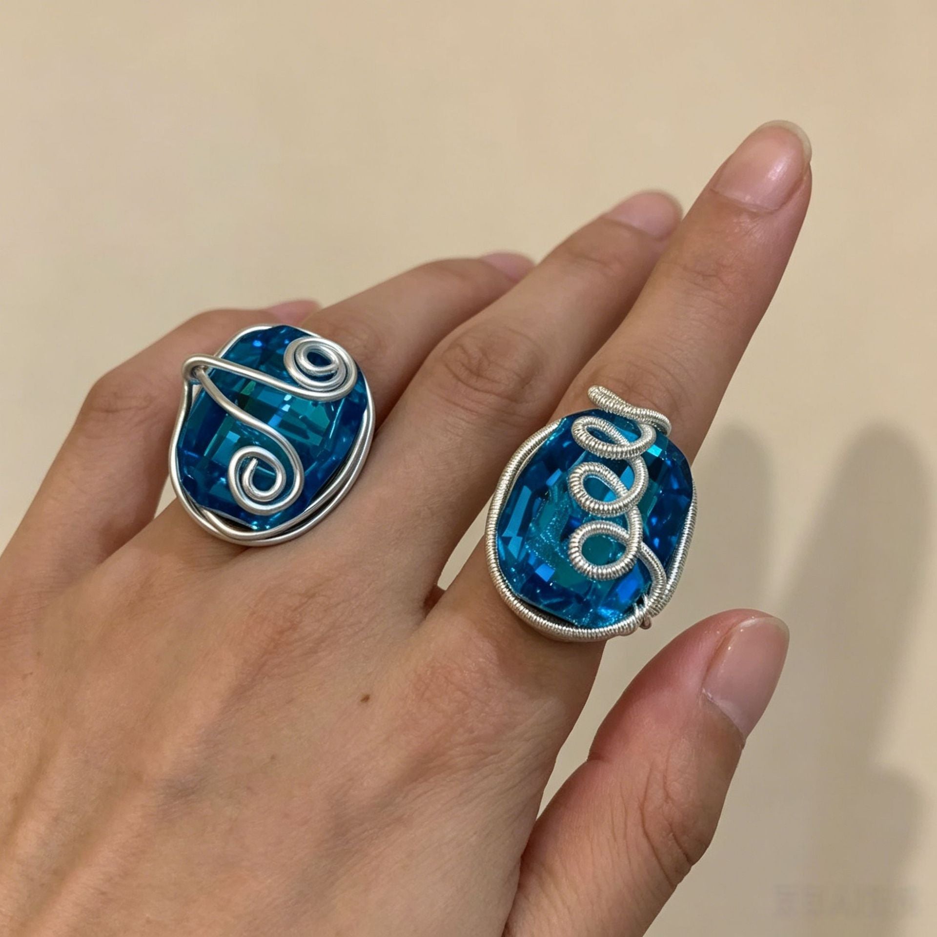 Ocean For Open Rings In Marine Style, Handmade Copper Alloy Ring With Blue Crystal Inlay