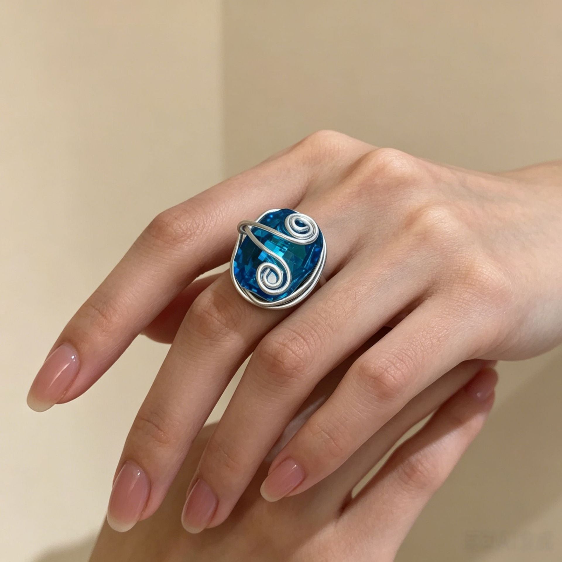 Ocean For Open Rings In Marine Style, Handmade Copper Alloy Ring With Blue Crystal Inlay