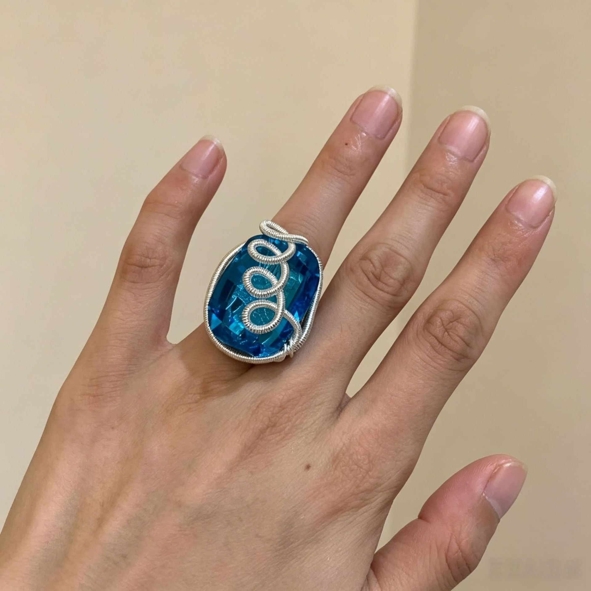 Ocean For Open Rings In Marine Style, Handmade Copper Alloy Ring With Blue Crystal Inlay