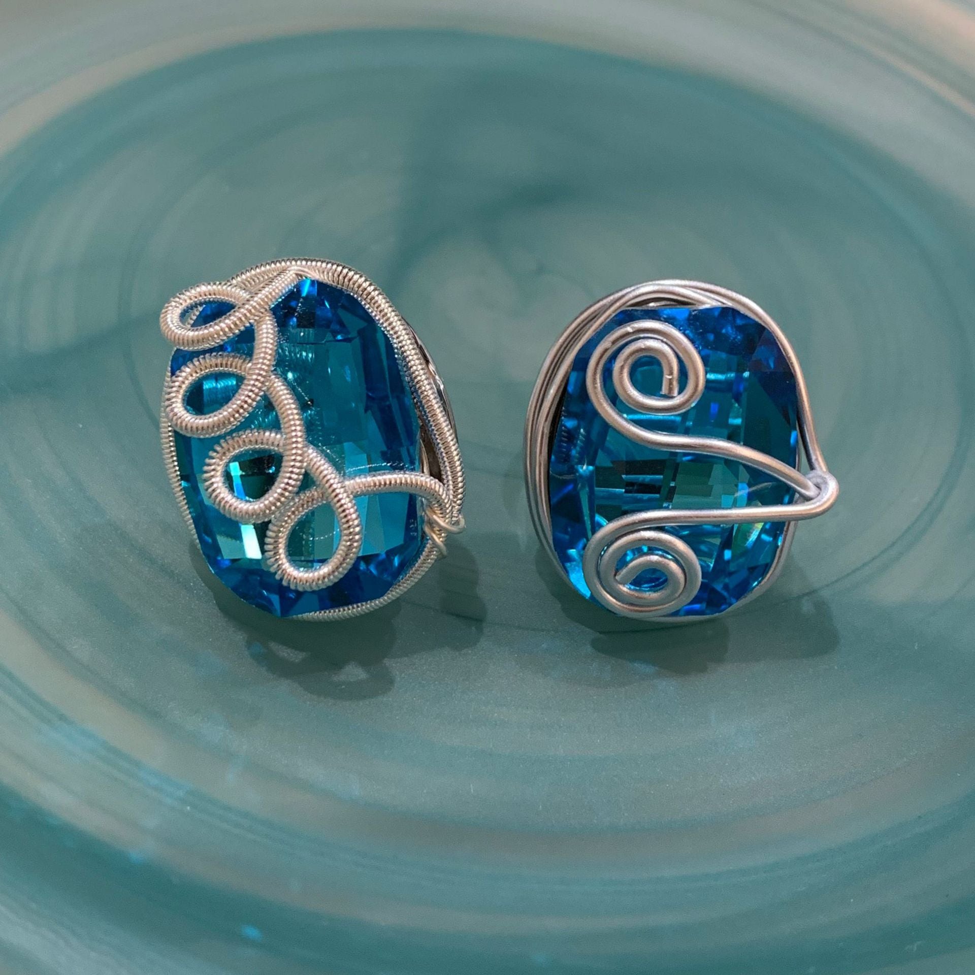 Ocean For Open Rings In Marine Style, Handmade Copper Alloy Ring With Blue Crystal Inlay
