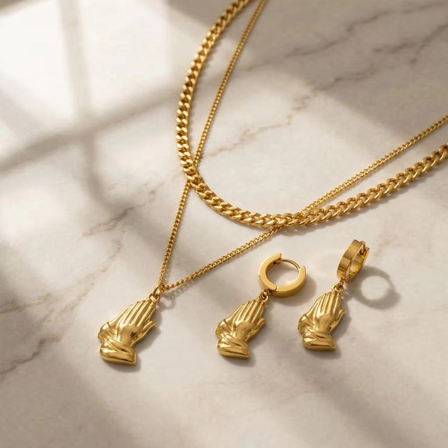 Classic Style Palm Jewelry Set With Golden Plated 304 Stainless Steel Featuring Waterproof Non Tarnish Cuban Link Chain For Unisex