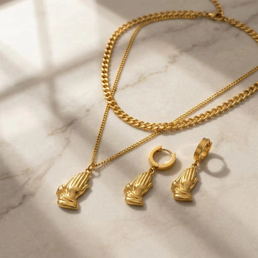 Classic Style Palm Jewelry Set With Golden Plated 304 Stainless Steel Featuring Waterproof Non Tarnish Cuban Link Chain For Unisex
