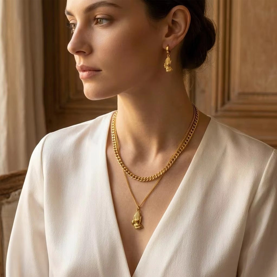 Classic Style Palm Jewelry Set With Golden Plated 304 Stainless Steel Featuring Waterproof Non Tarnish Cuban Link Chain For Unisex