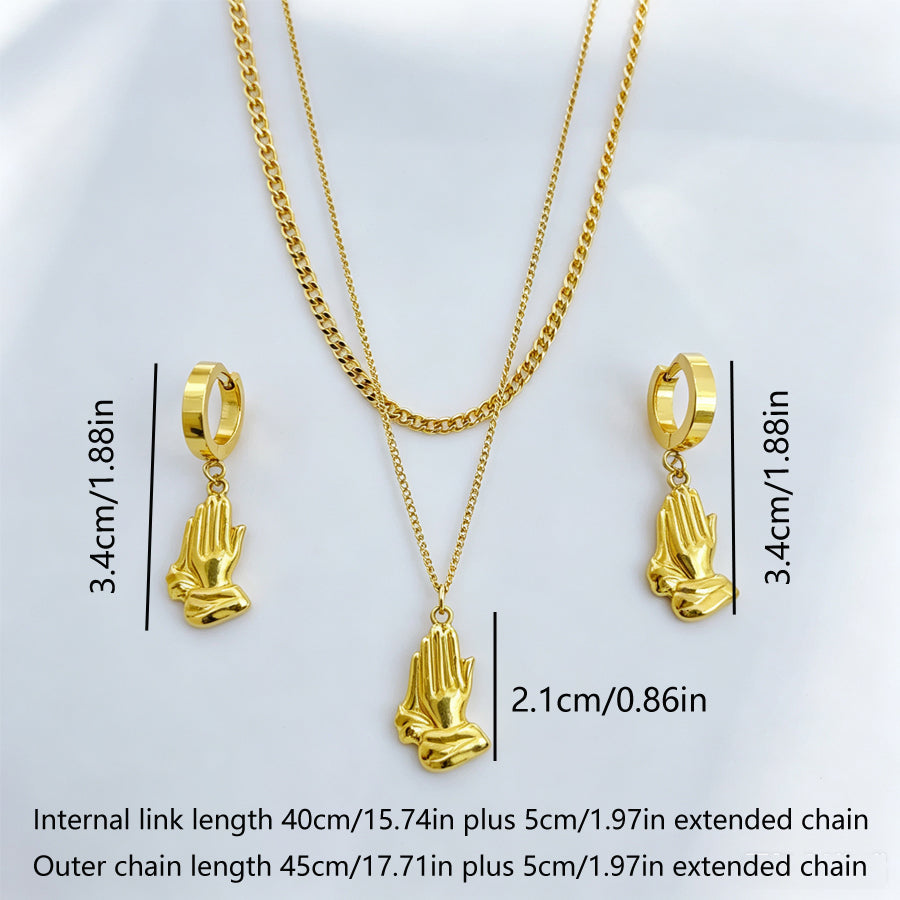 Classic Style Palm Jewelry Set With Golden Plated 304 Stainless Steel Featuring Waterproof Non Tarnish Cuban Link Chain For Unisex