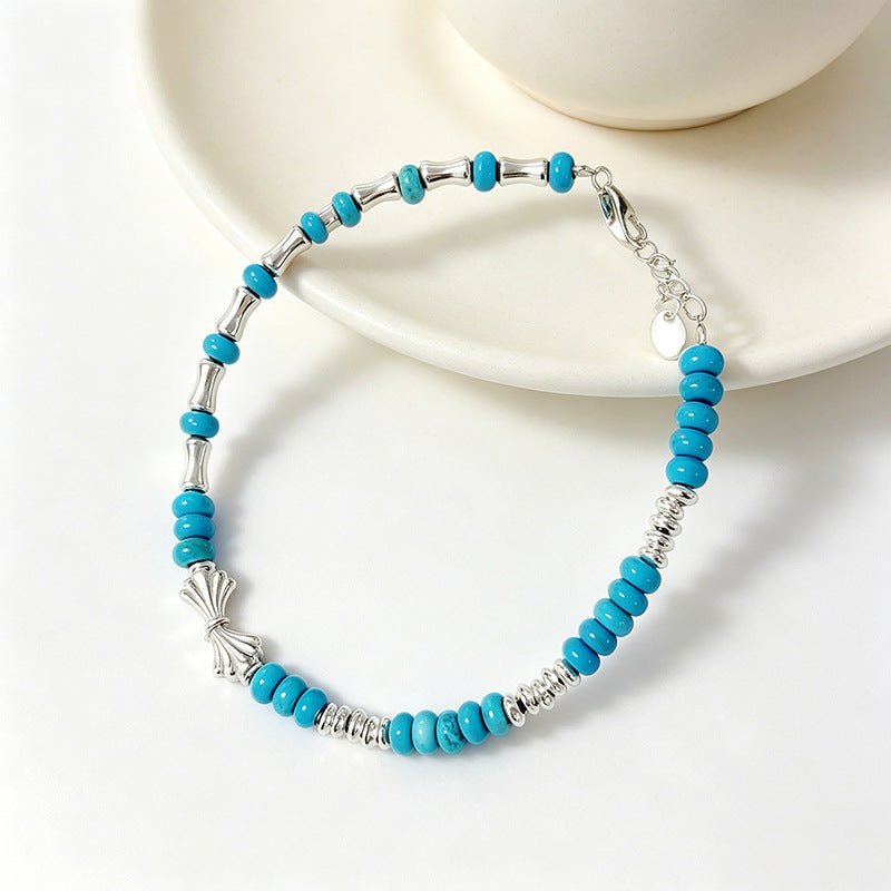 Handmade Round 925 Sterling Silver Bracelet With Turquoise Inlay, Retro Style For Women