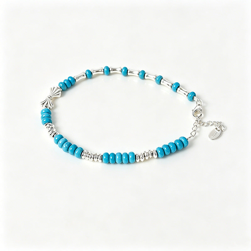 Handmade Round 925 Sterling Silver Bracelet With Turquoise Inlay, Retro Style For Women