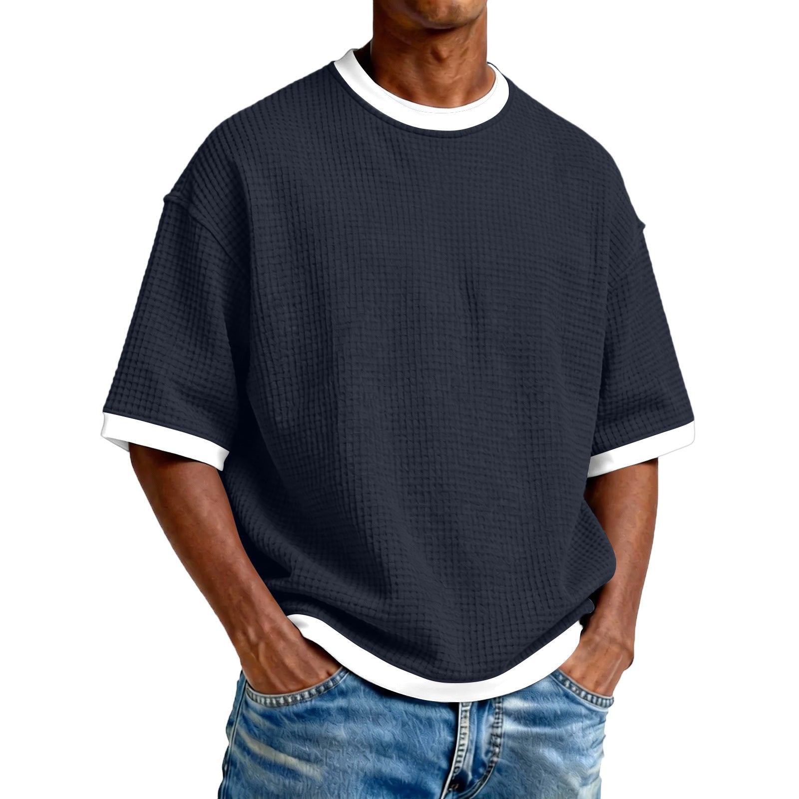 Color Block Casual Short Sleeve Polyester T-shirt For Men With Pullover Design
