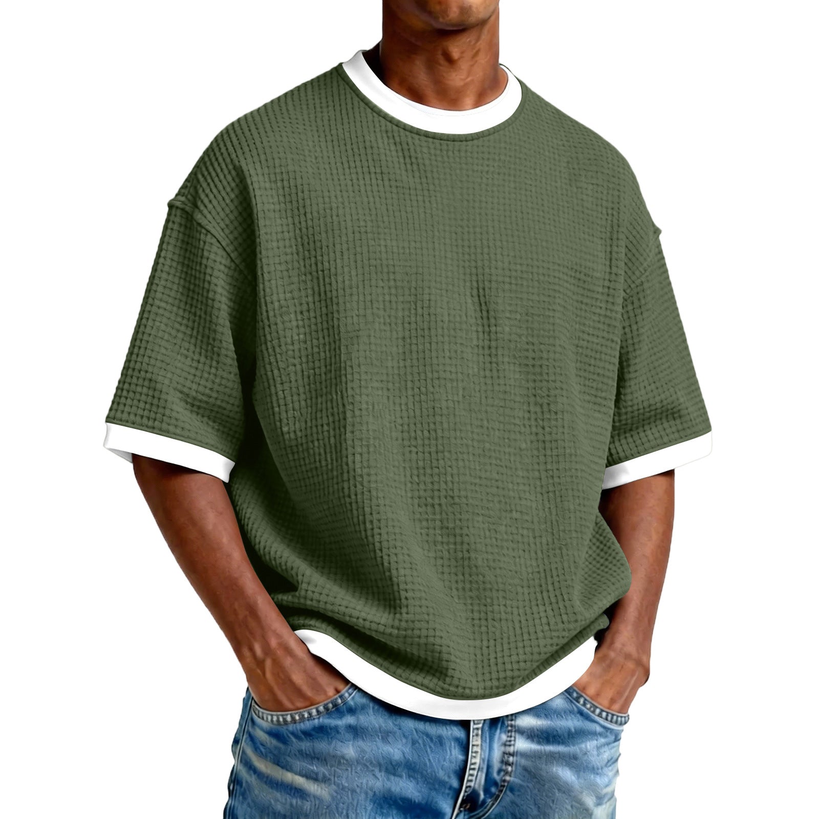 Color Block Casual Short Sleeve Polyester T-shirt For Men With Pullover Design