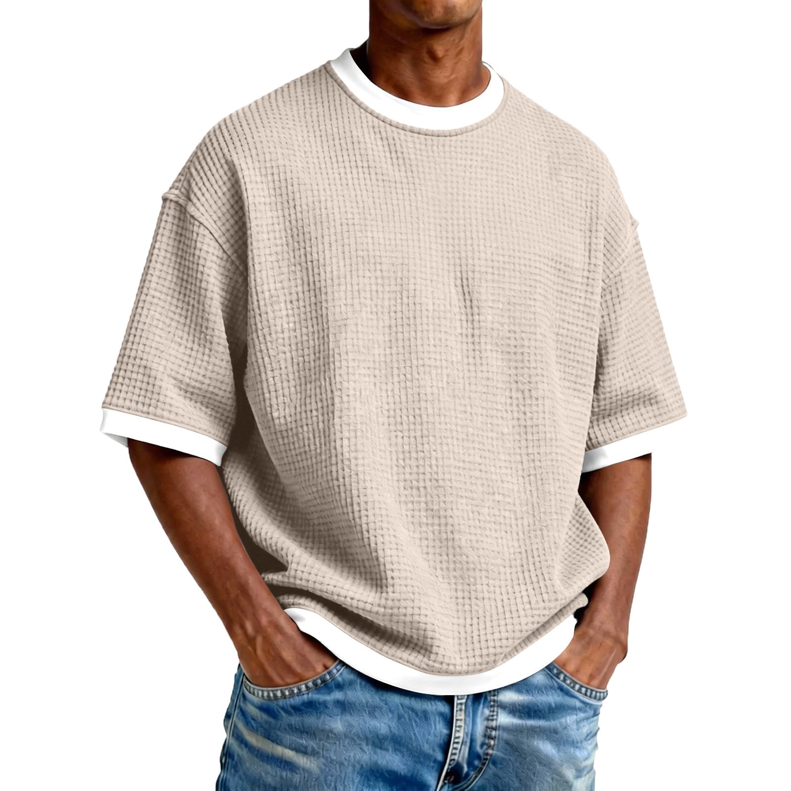 Color Block Casual Short Sleeve Polyester T-shirt For Men With Pullover Design