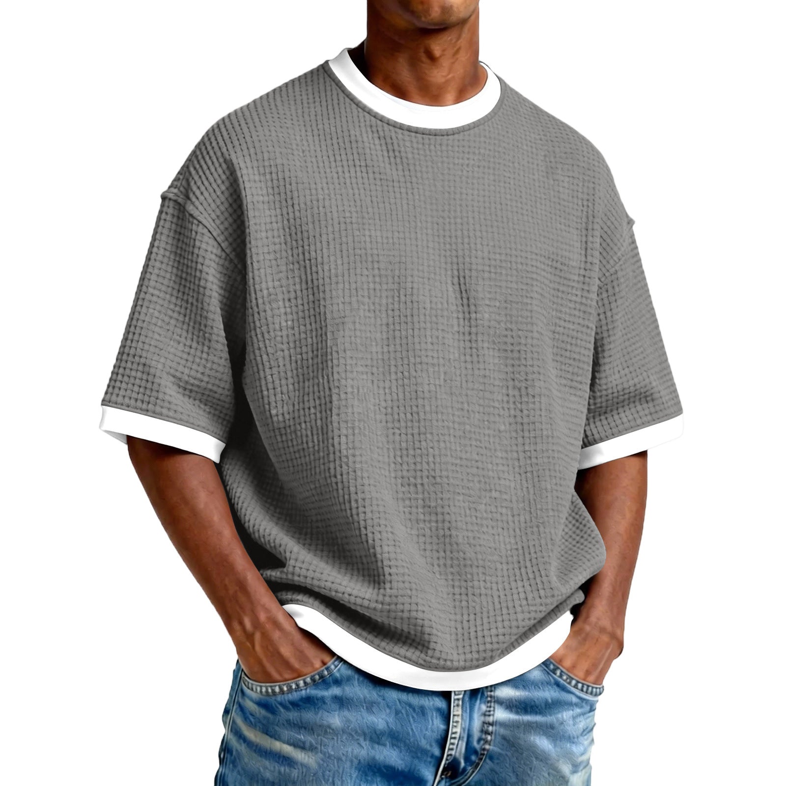 Color Block Casual Short Sleeve Polyester T-shirt For Men With Pullover Design