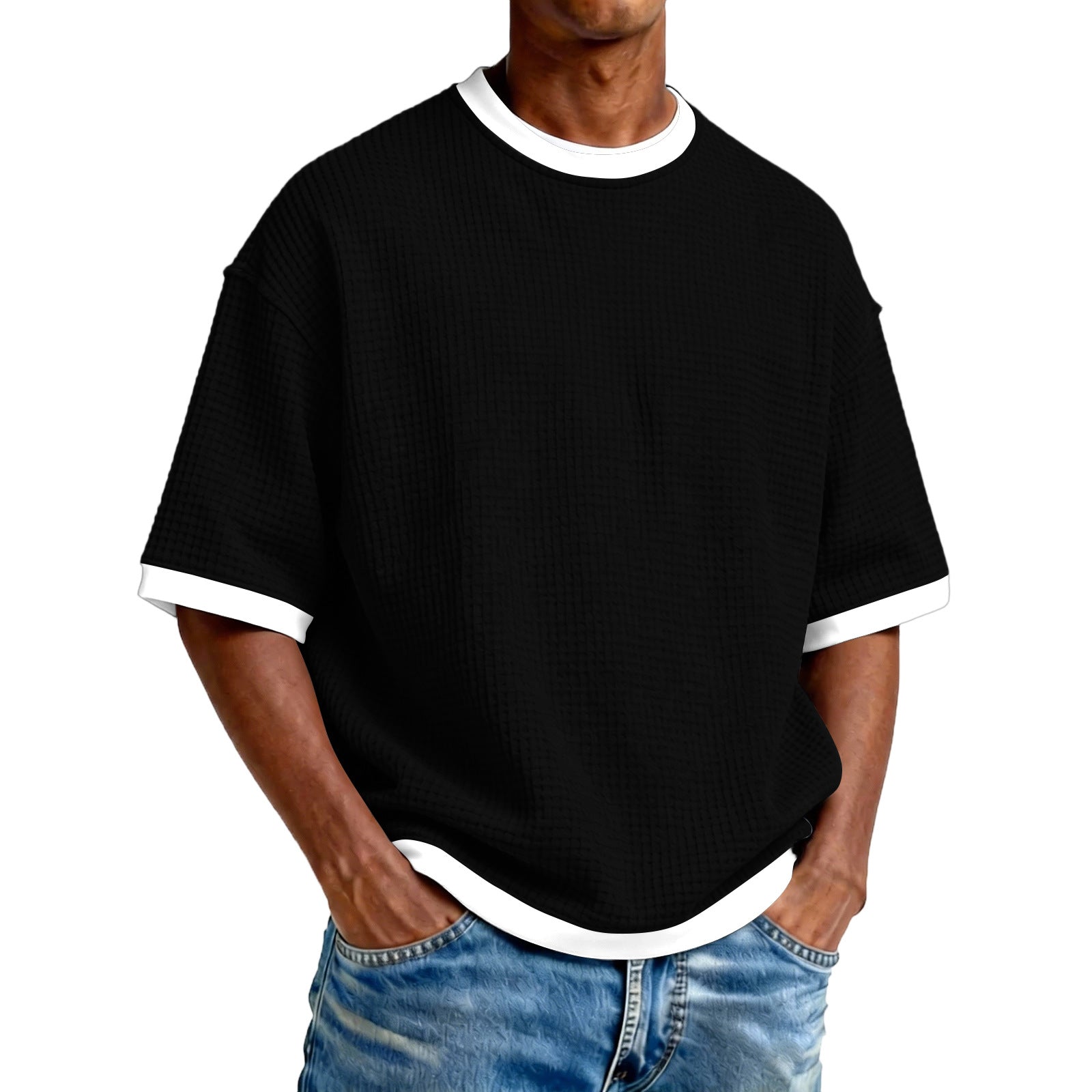 Color Block Casual Short Sleeve Polyester T-shirt For Men With Pullover Design