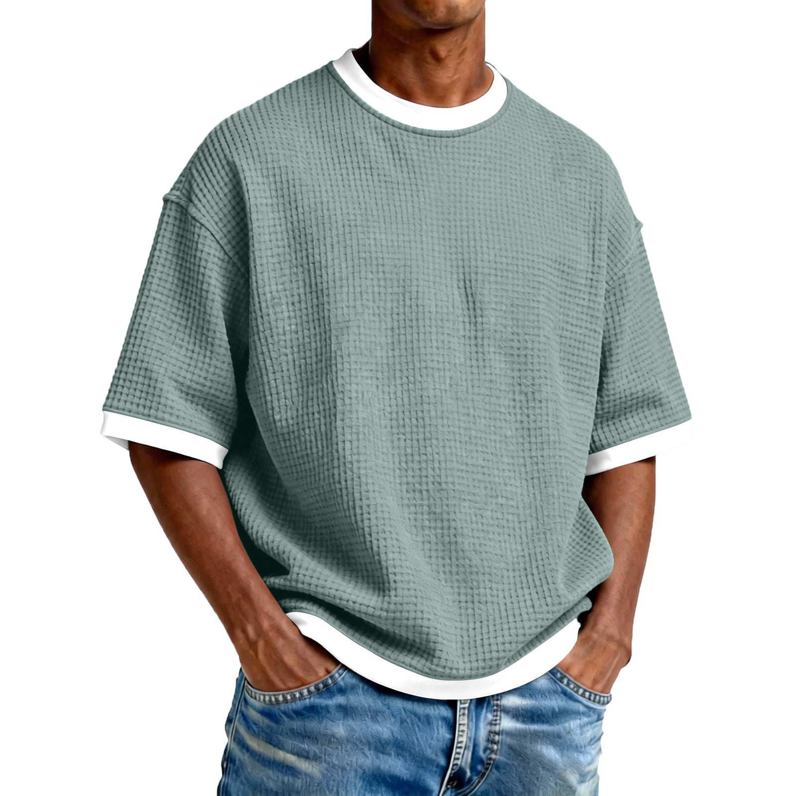 Color Block Casual Short Sleeve Polyester T-shirt For Men With Pullover Design