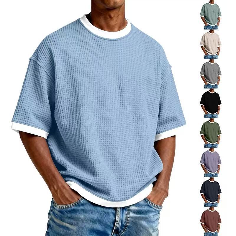 Color Block Casual Short Sleeve Polyester T-shirt For Men With Pullover Design