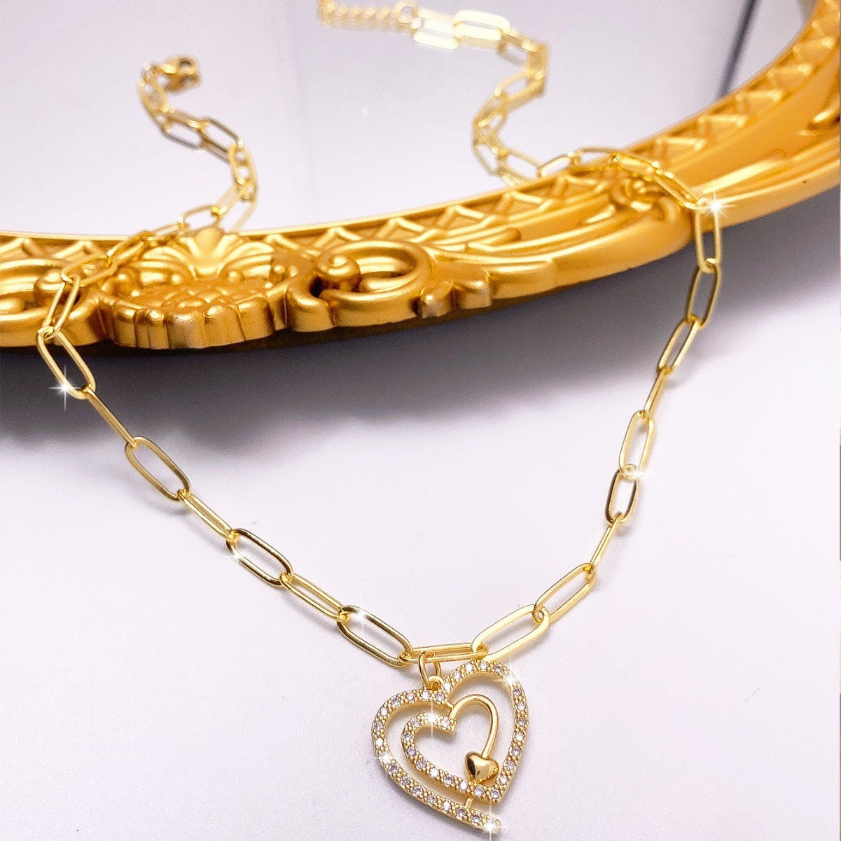 Heart Shape Pendant Necklace For Women In Simple Style With 18K Real Gold Plated Copper And Paperclip Chain