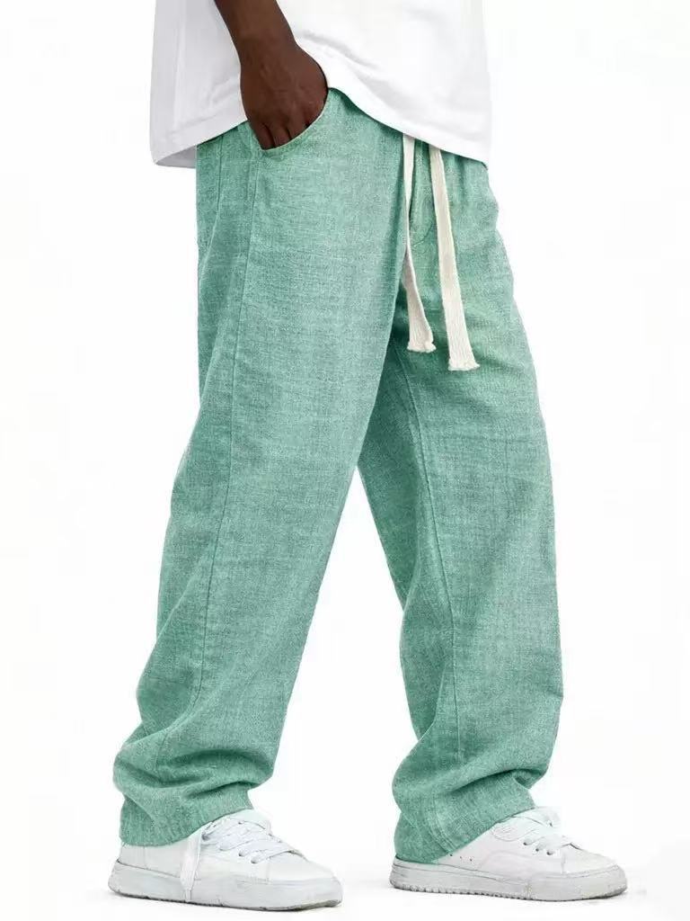 Men's Casual Solid Color Wide Leg Full Length Pants In Linen Fabric With Drawstring Waist For Everyday Wear