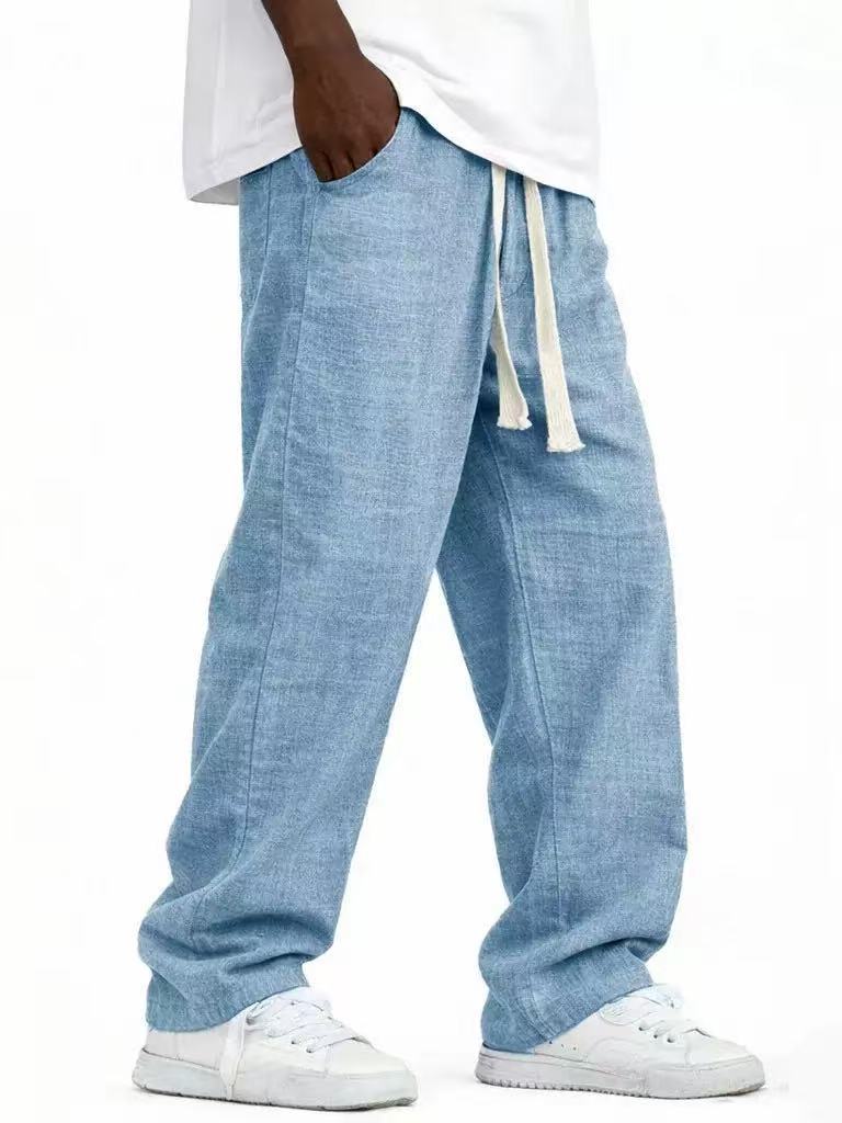 Men's Casual Solid Color Wide Leg Full Length Pants In Linen Fabric With Drawstring Waist For Everyday Wear