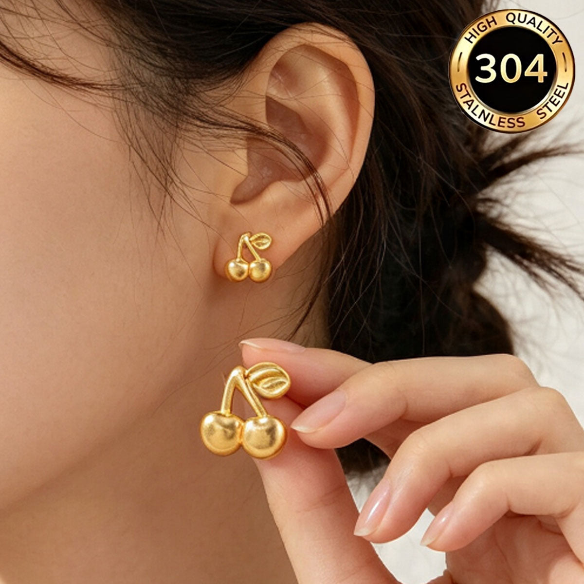 Cherry Pattern Hypoallergenic Stud Earrings For Women With 0.03µm PVD Coated 18K Real Gold Plated 304 Stainless Steel
