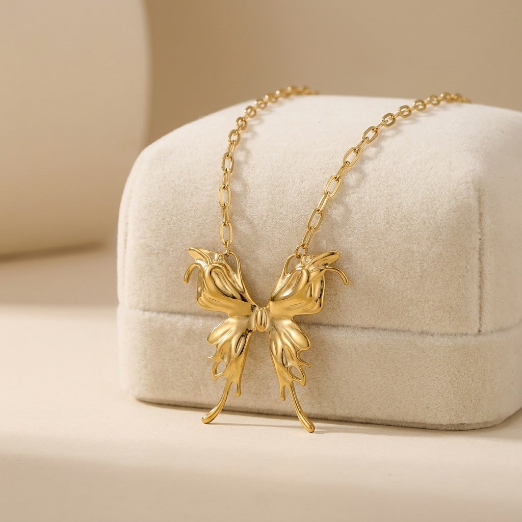 Gold Butterfly Folds Necklace For Women With Titanium Steel Pendant And Paperclip Chain