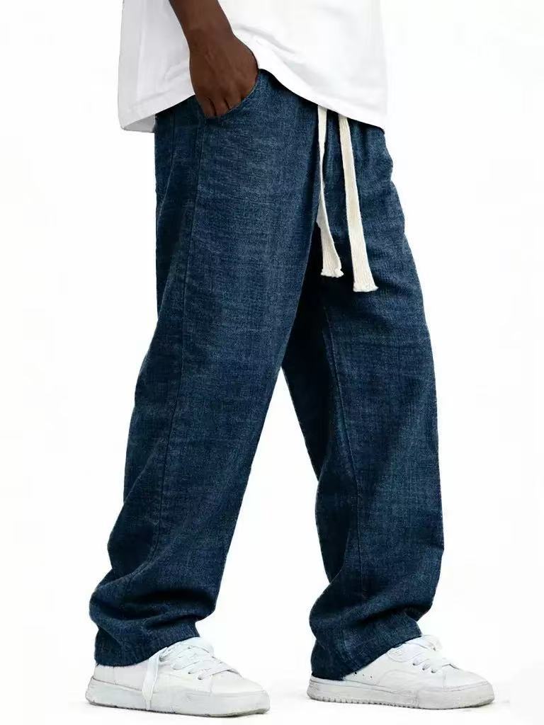 Men's Casual Solid Color Wide Leg Full Length Pants In Linen Fabric With Drawstring Waist For Everyday Wear