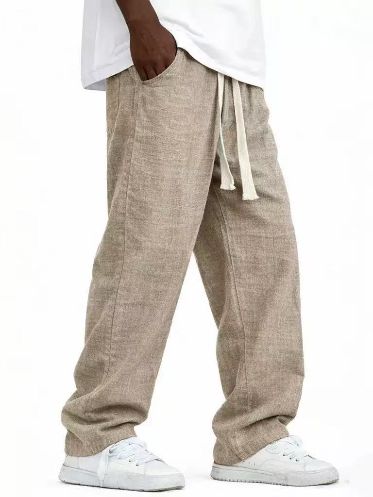 Men's Casual Solid Color Wide Leg Full Length Pants In Linen Fabric With Drawstring Waist For Everyday Wear