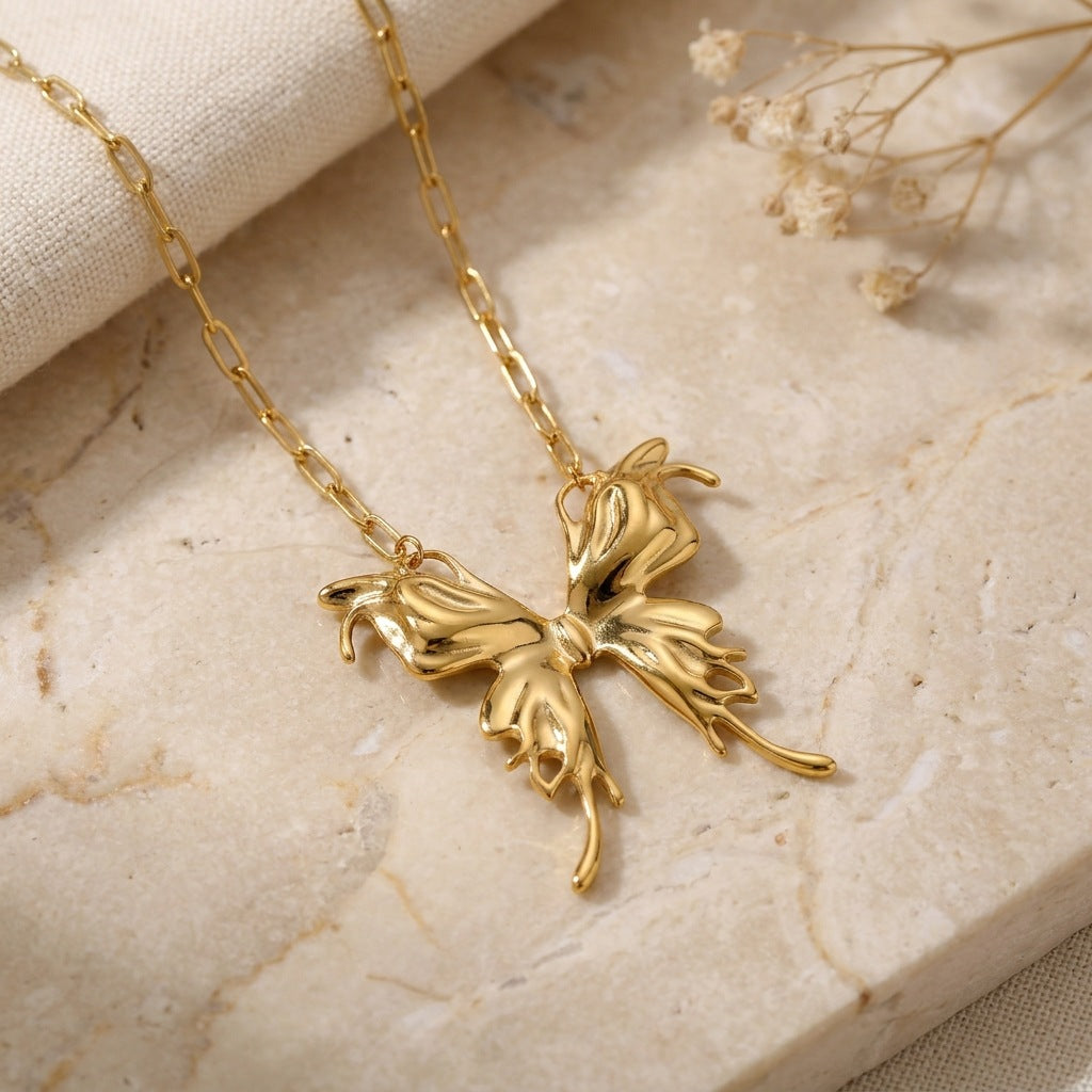 Gold Butterfly Folds Necklace For Women With Titanium Steel Pendant And Paperclip Chain