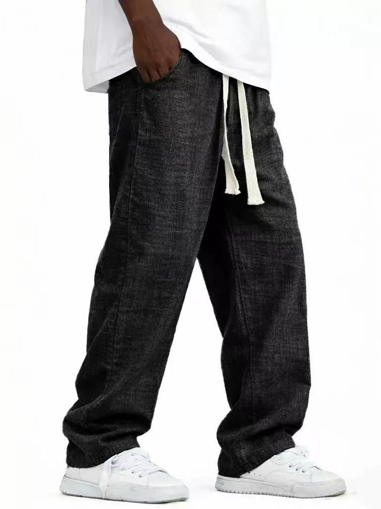 Men's Casual Solid Color Wide Leg Full Length Pants In Linen Fabric With Drawstring Waist For Everyday Wear