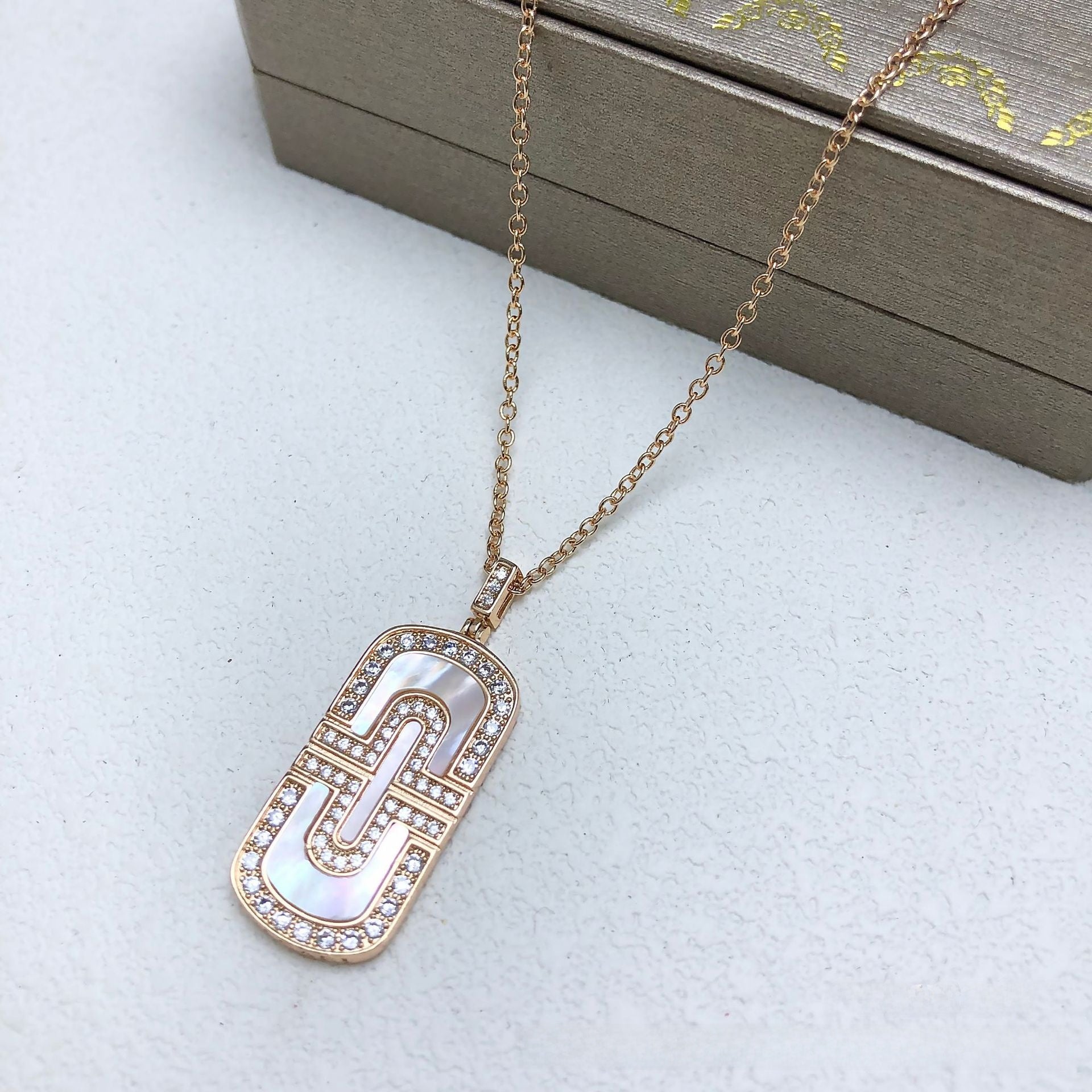 Champagne Paper Clip Necklace For Women With Copper Pendant Featuring Shell Inlay And Rhinestones On Paperclip Chain