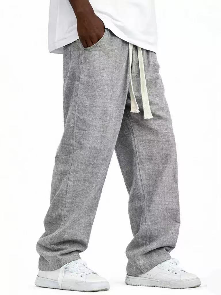 Men's Casual Solid Color Wide Leg Full Length Pants In Linen Fabric With Drawstring Waist For Everyday Wear