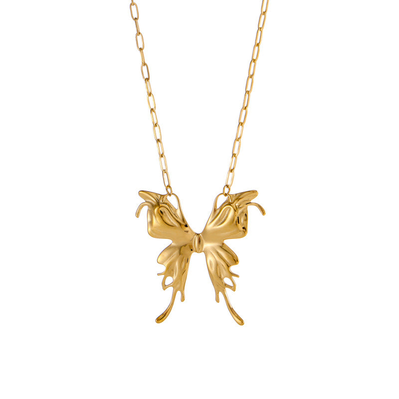 Gold Butterfly Folds Necklace For Women With Titanium Steel Pendant And Paperclip Chain