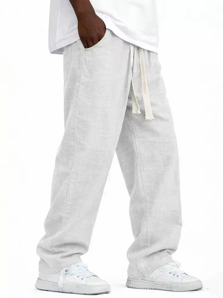 Men's Casual Solid Color Wide Leg Full Length Pants In Linen Fabric With Drawstring Waist For Everyday Wear