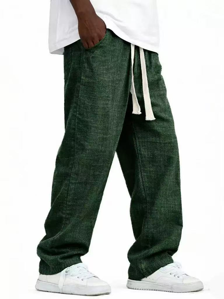 Men's Casual Solid Color Wide Leg Full Length Pants In Linen Fabric With Drawstring Waist For Everyday Wear